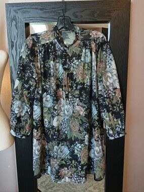 VTG 70s Dress Tunic Black Floral Teddi Of California Sz 12